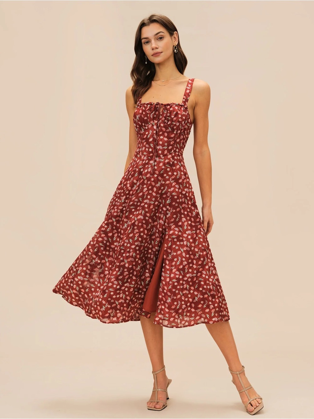Rihoas Wine Red Floral Slip Midi Dress - Picture 5 of 9
